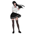 Woman in White Top Black Pleated Skirt Red Bow Tie Black Stockings Front Back Views