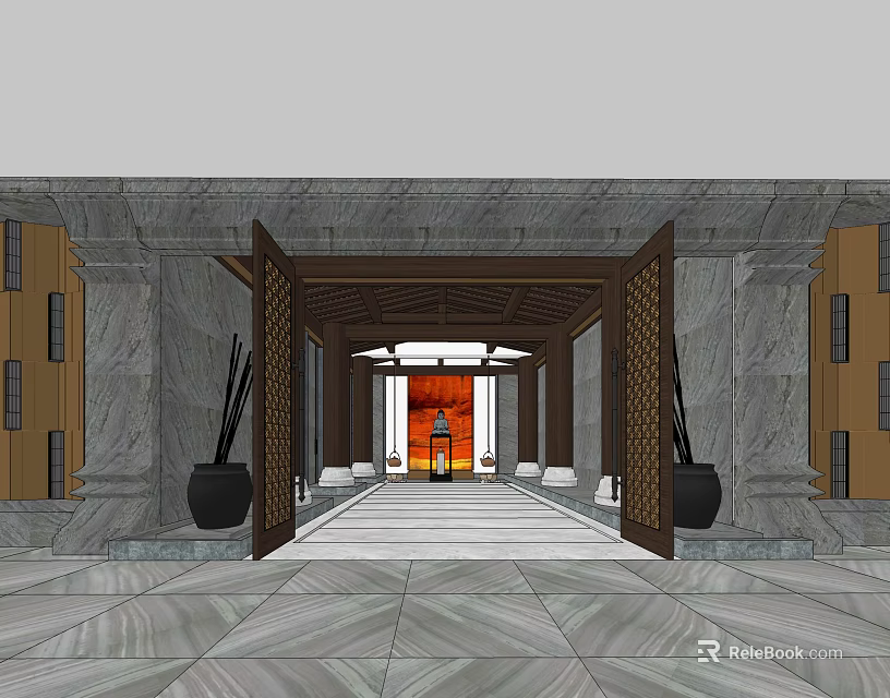 Traditional Chinese Elevator Corridor With Stone Walls Wooden Frames And Lantern Decor 3d model