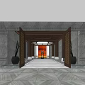 Traditional Chinese Elevator Corridor With Stone Walls Wooden Frames And Lantern Decor 3d model