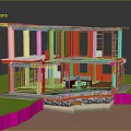 Cartoon Scene 3D Building Cross Section With Interior Furniture Stairs Green Lawn And Foundation