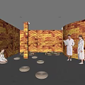 Warm Brick Wall Sauna Interior Design With People In Robes And Cushions
