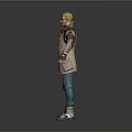 3D Character Model With Blonde Hair Sunglasses Beige Long Coat Red Scarf And Blue Pants