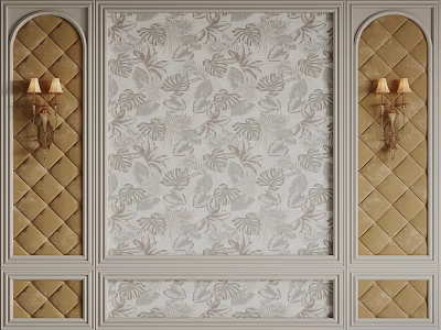 Elegant Bedroom Accent Wall With Leaf Pattern Wallpaper Diamond Tufted Panels And Wall Sconces 3d model