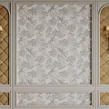 Elegant Bedroom Accent Wall With Leaf Pattern Wallpaper Diamond Tufted Panels And Wall Sconces 3d model