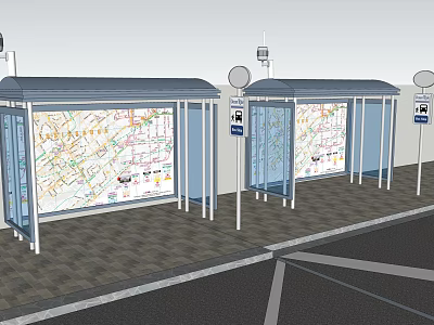 Twin Bus Stop Shelters With Large Route Maps And Information Signs 3d model