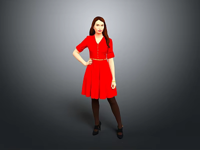 Woman in Red Dress Standing Against Gray Background with Black Stockings High Heels and Belt 3d model