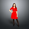 Woman in Red Dress Standing Against Gray Background with Black Stockings High Heels and Belt