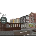 Vibrant Commercial Street Featuring Mixed Style Buildings Pedestrians Shops And Vehicles