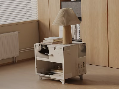Modern Minimalist Bedroom Nightstand with Fabric Lampshade Books Drawer and Open Shelf 3d model