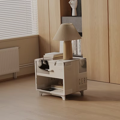 Modern Minimalist Bedroom Nightstand with Fabric Lampshade Books Drawer and Open Shelf 3d model