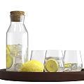 Fresh Lemon Water in Glass Bottle with Ice Cubes and Glasses on Wooden Tray