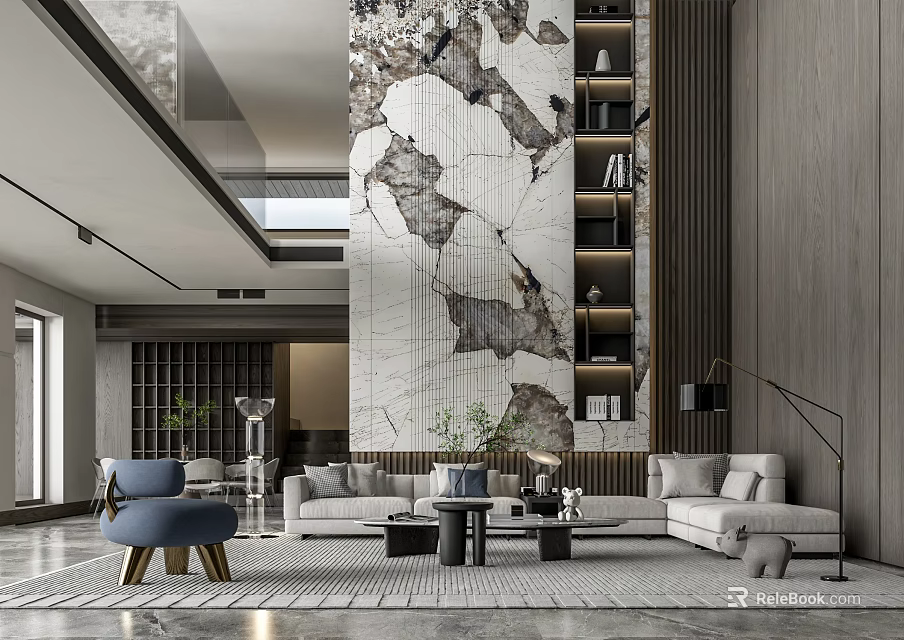 Modern Duplex Living Room Interior With Marble Wall Built In Bookshelves And Blue Accent Chair 3d model 