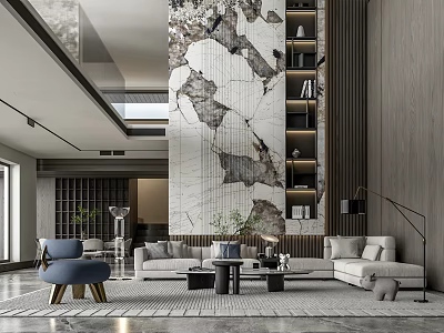 Modern Duplex Living Room Interior With Marble Wall Built In Bookshelves And Blue Accent Chair 3d model