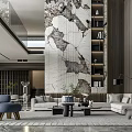 Modern Duplex Living Room Interior With Marble Wall Built In Bookshelves And Blue Accent Chair