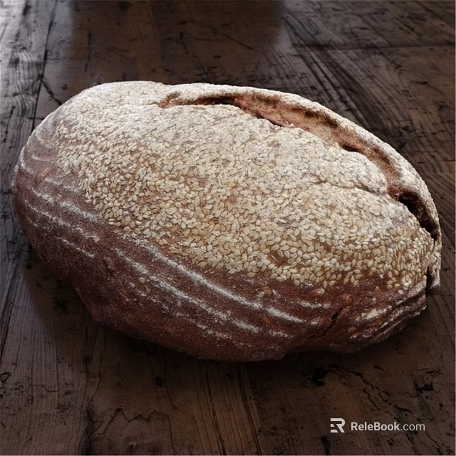 Freshly Baked Crusty Brown Bread With Sesame Seeds On Rustic Wooden Table 3d model 