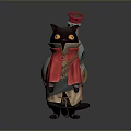 Cartoon Black Cat In Red Cloak With Silver Backpack Red Knob And Yellow Eyes