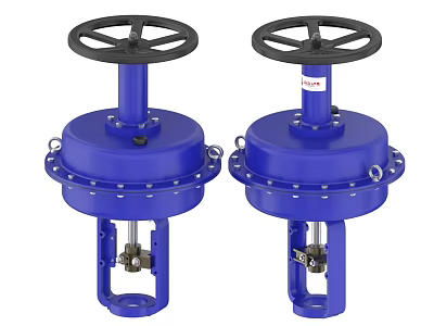 Two Blue Industrial Control Valves With Black Handwheels And Metal Bases 3d model