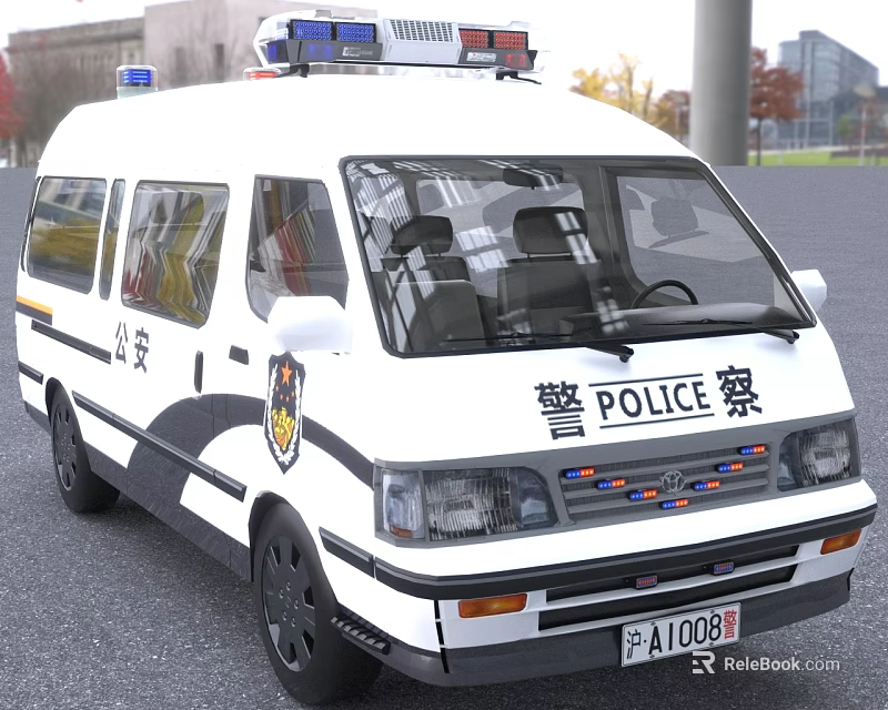 White Police Van With Roof Mounted Lights And POLICE Insignia On Exterior 3d model 