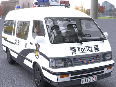 White Police Van With Roof Mounted Lights And POLICE Insignia On Exterior 3d model