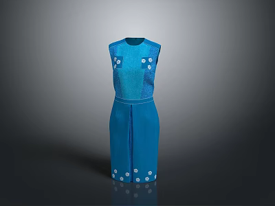 Elegant Blue Sleeveless Dress With White Floral Decorations And Classic Design 3d model