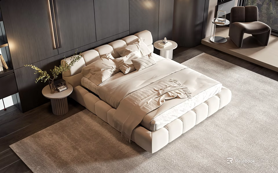 Modern Upholstered Double Bed With Soft Pillows Bedspread Side Tables And Flower Vase 3d model 