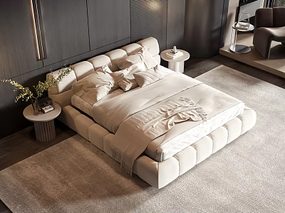 Modern Upholstered Double Bed With Soft Pillows Bedspread Side Tables And Flower Vase 3d model