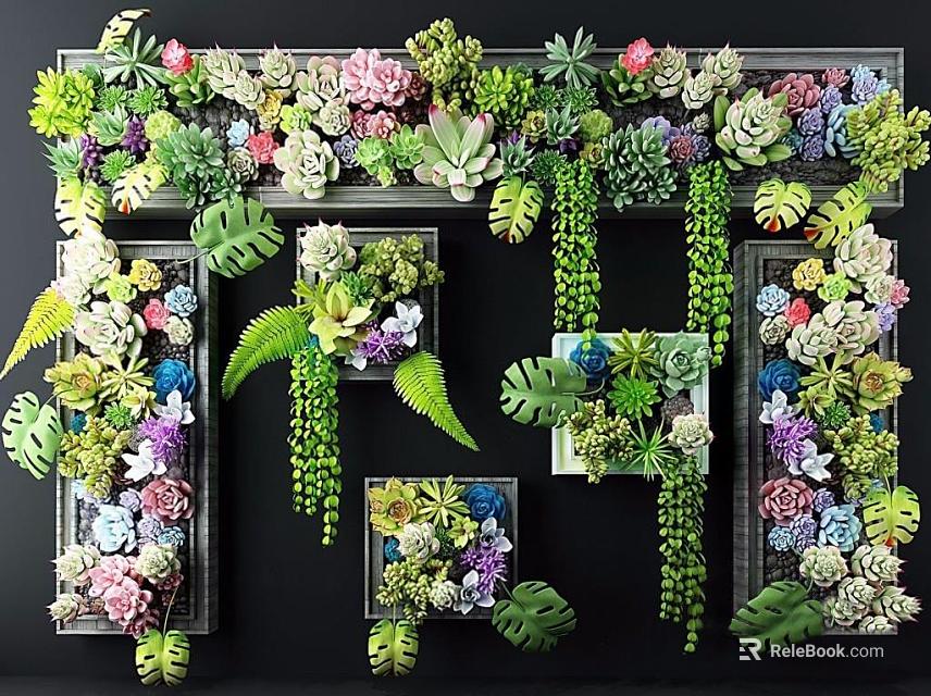 Living Plant Wall with Succulents Ferns Hanging Vines and Framed Modules for Indoor Decor 3d model 