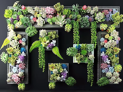 Living Plant Wall with Succulents Ferns Hanging Vines and Framed Modules for Indoor Decor 3d model
