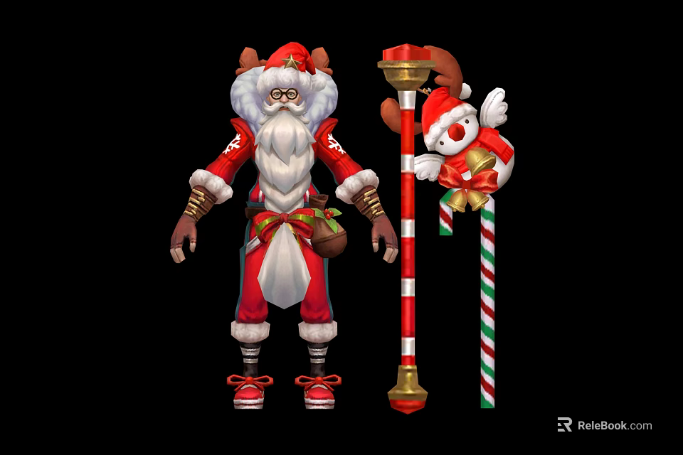 Christmas Character in Red White Costume With White Beard Reindeer Hat and Candy Cane Staff 3d model 