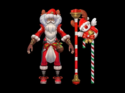 Christmas Character in Red White Costume With White Beard Reindeer Hat and Candy Cane Staff 3d model