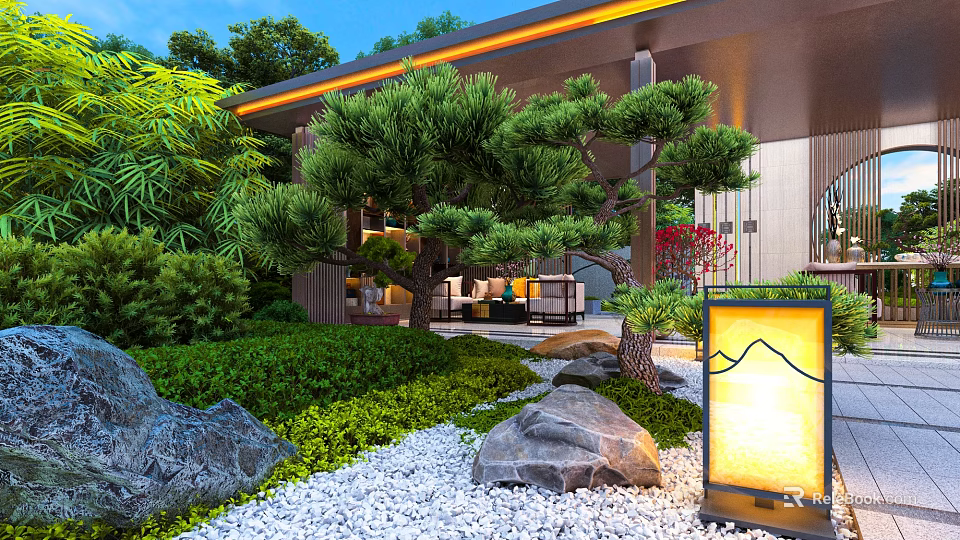 Modern Garden Landscape with Pine Trees Bamboo Rocks White Gravel Lantern and Seating Area 3d model 
