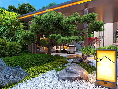 Modern Garden Landscape with Pine Trees Bamboo Rocks White Gravel Lantern and Seating Area 3d model