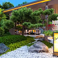 Modern Garden Landscape with Pine Trees Bamboo Rocks White Gravel Lantern and Seating Area