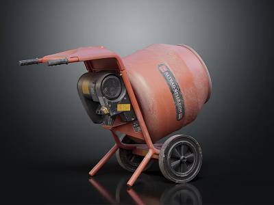 Orange Heavy Duty Cement Mixer With Black Wheels Stand And Powerful Industrial Motor 3d model