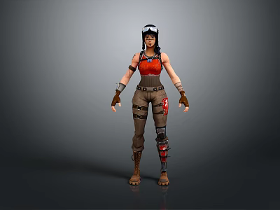 Female Game and Movie Character with Goggles Red Top Brown Pants Arm Guards Knee Pads 3d model