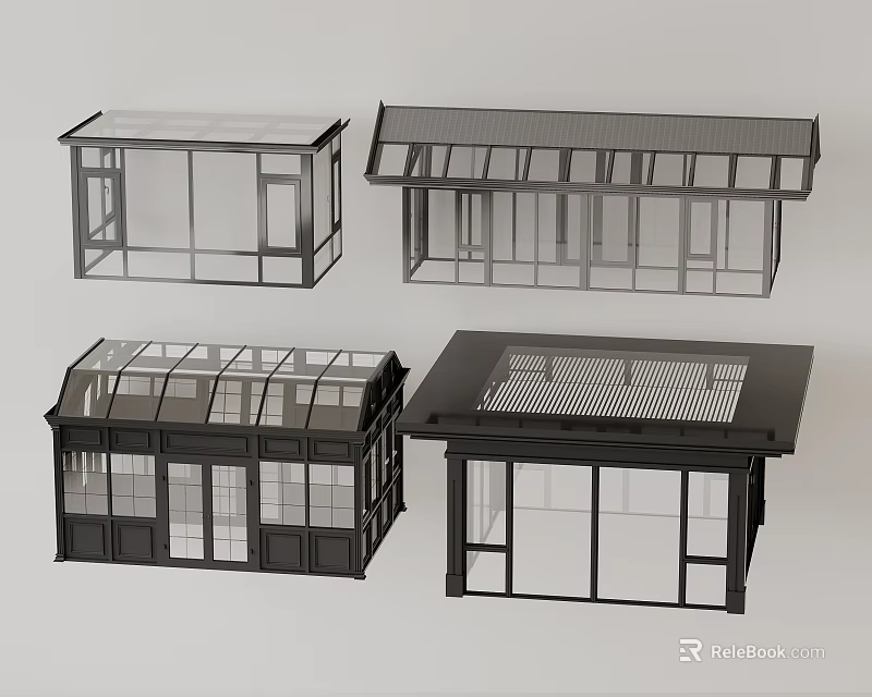 Modern Outdoor Awnings With Various Structural Designs Glass Panels And Grid Roof 3d model 