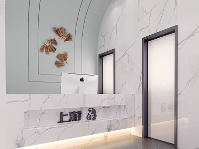 Modern Reception Desk Interior With Marble Counter Wall Art And Elevator Doors 3d model