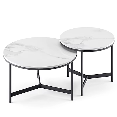 Modern Two Round Coffee Tables With White Marble Top And Black Metal Legs 3d model