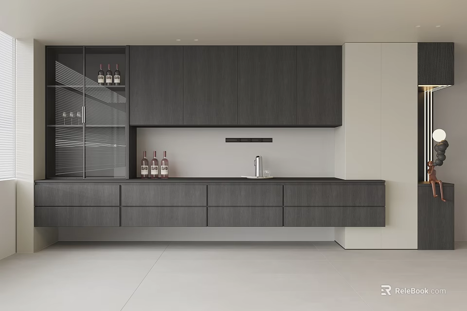 Modern Dark Wooden Sideboard With Glass Doors And Wine Bottle 3d model 