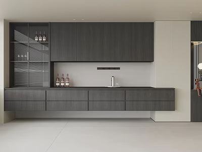 Modern Dark Wooden Sideboard With Glass Doors And Wine Bottle 3d model