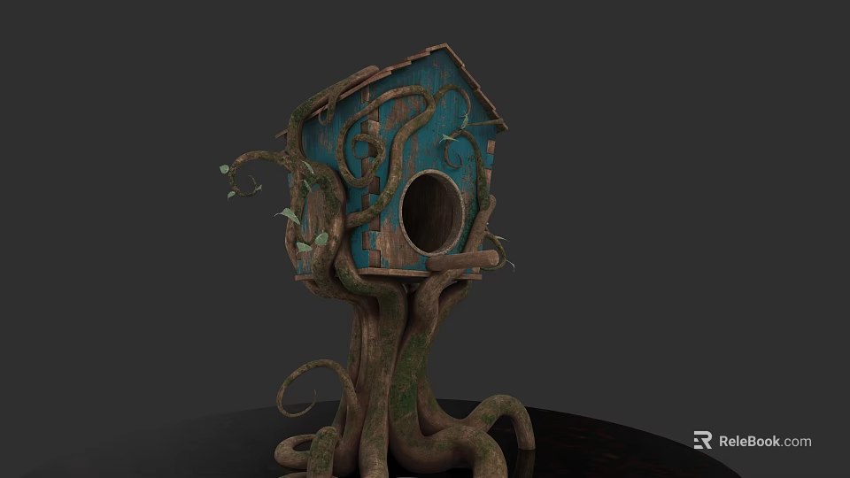 Natural Rustic Blue Wooden Birdhouse With Circular Entrance Tree Root Base And Vine Decorations 3d model 