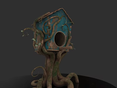 Natural Rustic Blue Wooden Birdhouse With Circular Entrance Tree Root Base And Vine Decorations 3d model