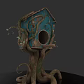 Natural Rustic Blue Wooden Birdhouse With Circular Entrance Tree Root Base And Vine Decorations