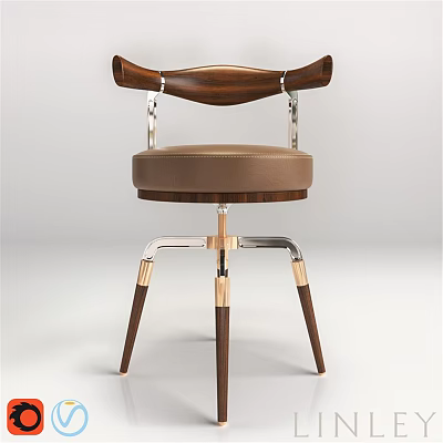 Modern Single Chair With Walnut Wood Backrest Leather Seat And Brass Metal Legs 3d model