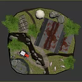 Cartoon Farm Scene With Red Barn White Silo Trees Tractor Sheep And Stream
