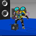 Pink Haired Character With Large Headphones And Microphone Standing Near Speakers On Blue Floor