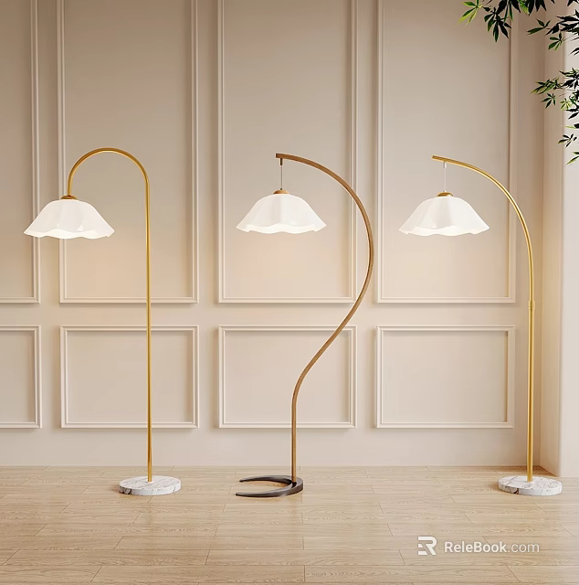 Modern Golden Floor Lamps With White Shades And Marble Bases In Decorative Wall Interior 3d model 