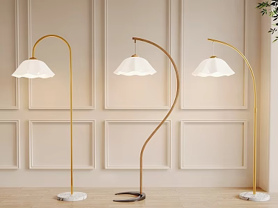 Modern Golden Floor Lamps With White Shades And Marble Bases In Decorative Wall Interior 3d model