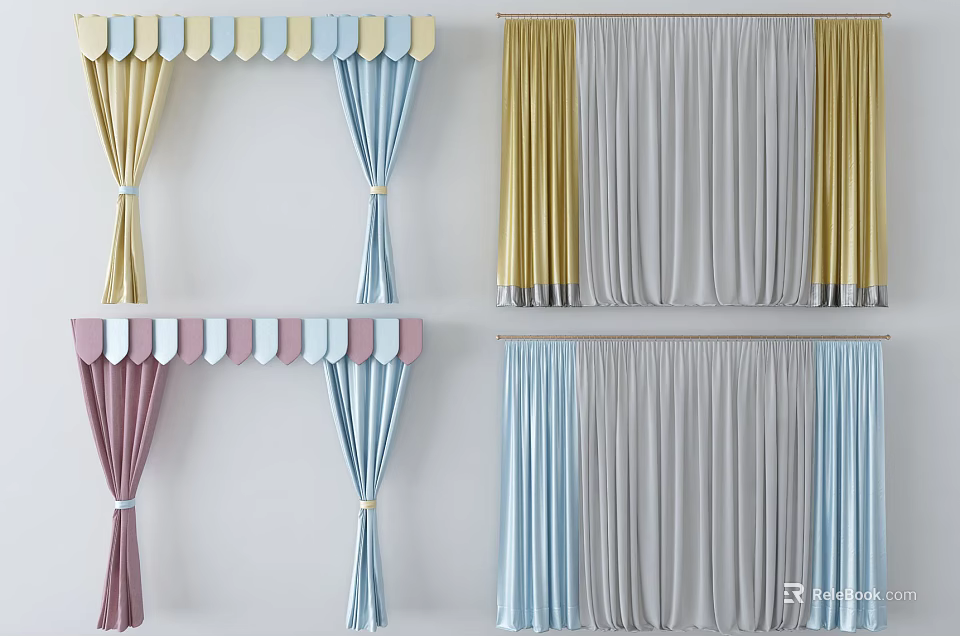Colorful Curtains with Scalloped Valance and Pastel Tones for Interior Design 3d model 