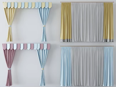 Colorful Curtains with Scalloped Valance and Pastel Tones for Interior Design 3d model